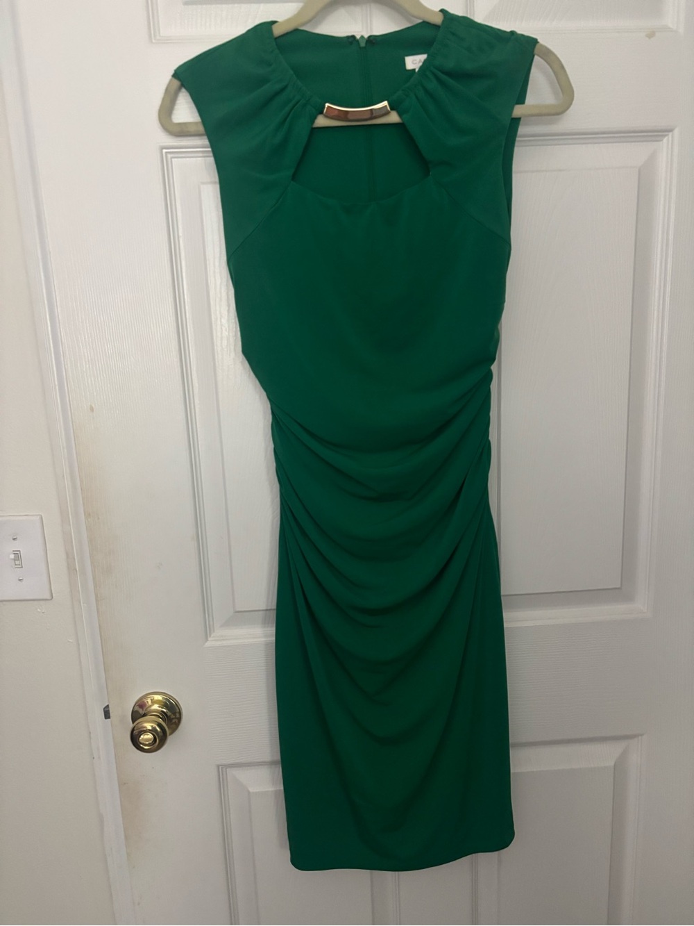 Cachet Green Ruched Midi Sheath Dress with Gold Bar Detail